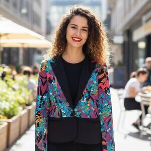 Nicole Miller Multicolor Tropical Island Floral Blazer Black Large 90's Vegas